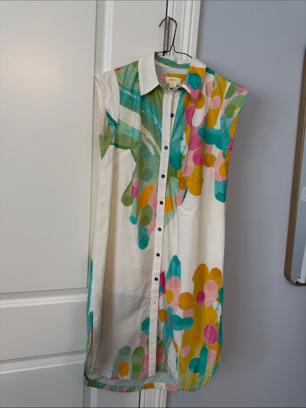 Maeve Midi Shirt Dress with Teal, Pink & Mustard Paint-Spot Print